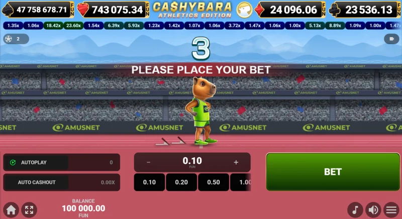 Cashybara Athletics Edition – pääjuoksunäyttö kertoimen mittarilla